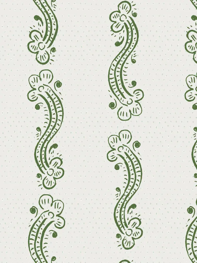 cedilla illustrated patterned wallpaper. a white background wallpaper with green squiggle patterns.