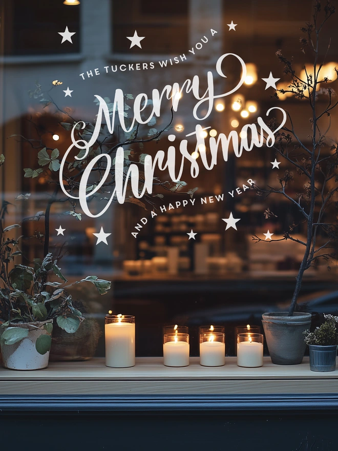 Merry christmas with stars personlaised window sticker