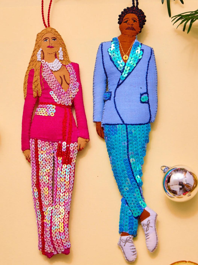 hand stitched Beyonce and Jay z in suits hanging decorations set