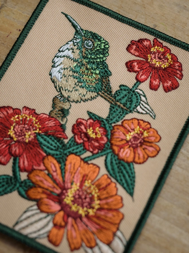 embroidered patch, embroidered card, hummingbird, zinnia, botanical, nature lover