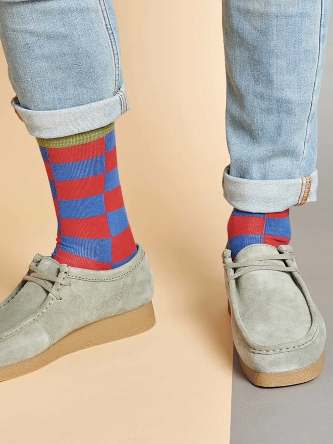 Men's Battenburg Check Organic Cotten Ankle Socks, a man wearing a pair of colourful socks. 