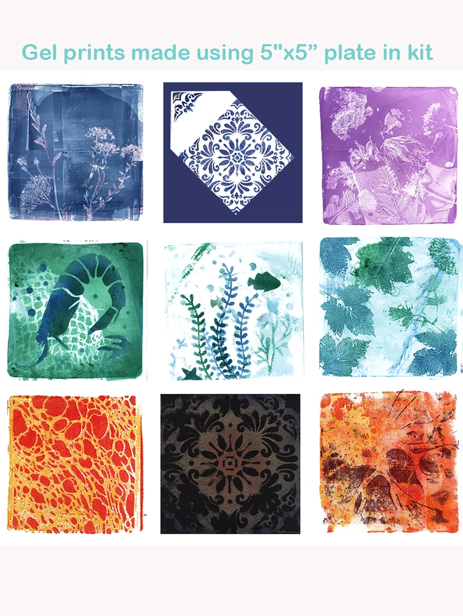 Examples of gel prints using the 5" gel plate in the kit