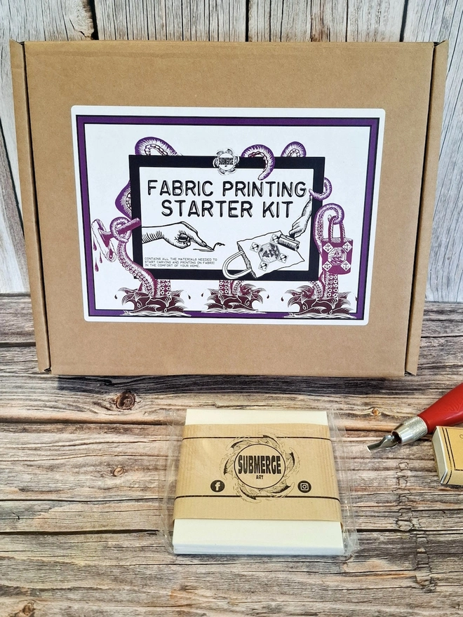 Fabric Printing Craft Kit, full kit with extra 8x8cm double sided fabric block pack
