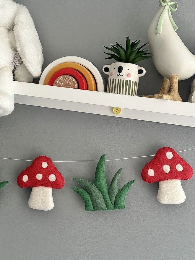 Nursery Garland with Toadstools and Grass, Kids Decoration, Playroom Bunting, Child’s Room Banner 