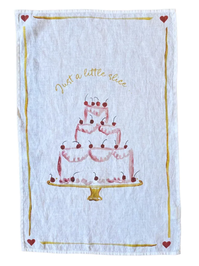 Teatowel with an image of a cherry cake in a whimsical hand illustrated style