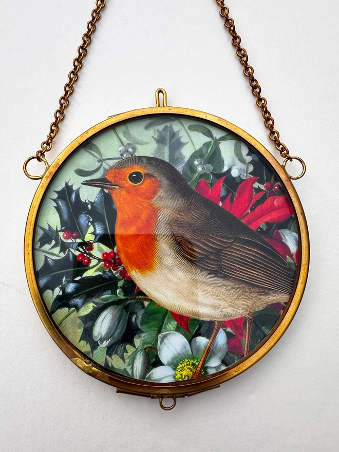 A robin amongst Christmas foliage miniature print in a gold, brass hanging frame.