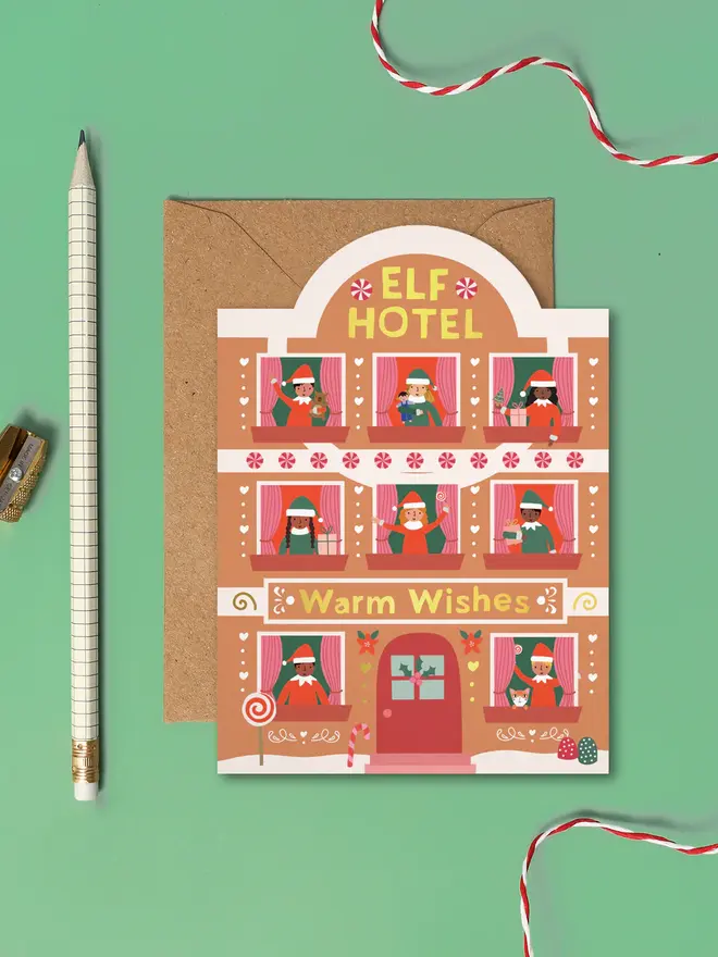 'Elf Hotel Warm Wishes' Gingerbread Christmas Card
