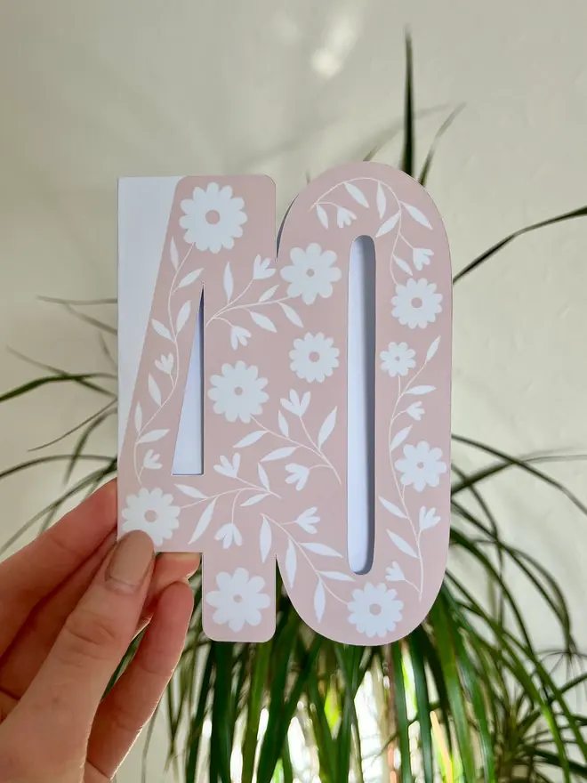 floral 40th birthday card. brown and white floral card shaped like 40.