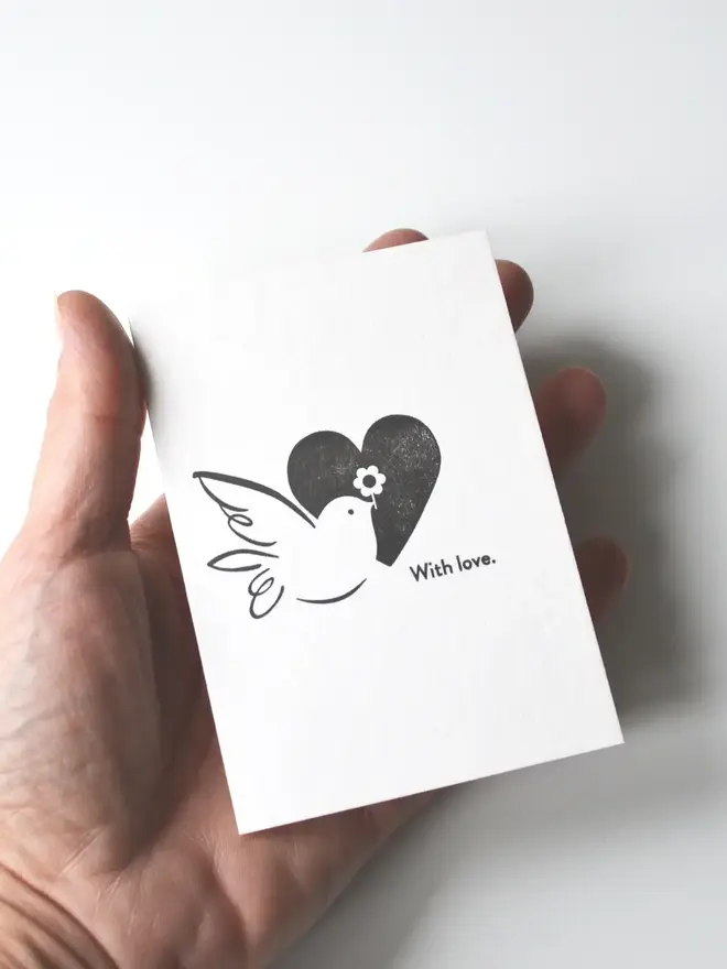 Letterpress Printed 'With Love' Greeting Card. Black print on white background. 