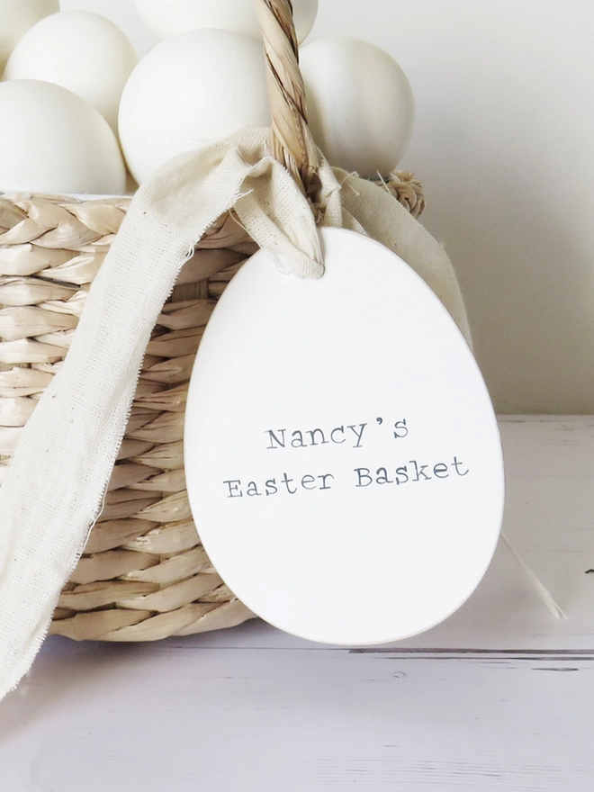 handpainted wooden egg shaped Easter egg basket tag