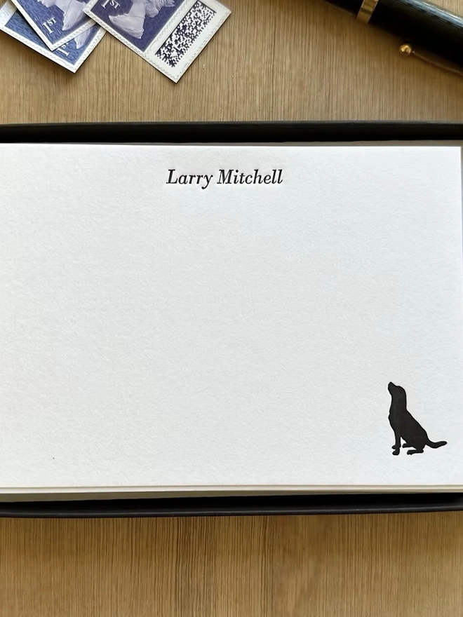 Personalised Companion Correspondence Cards (Set Of 10, 20), black labrador icon in corner of white correspondence letter with name personalisation. 