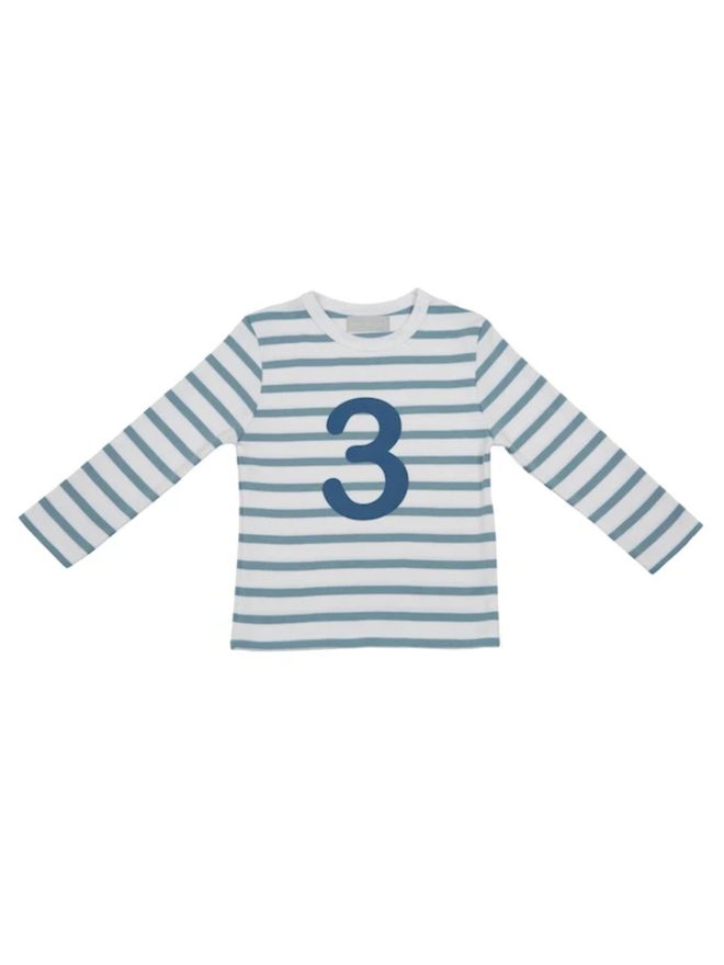 Ocean Blue & White Breton Striped Number 3 T Shirt