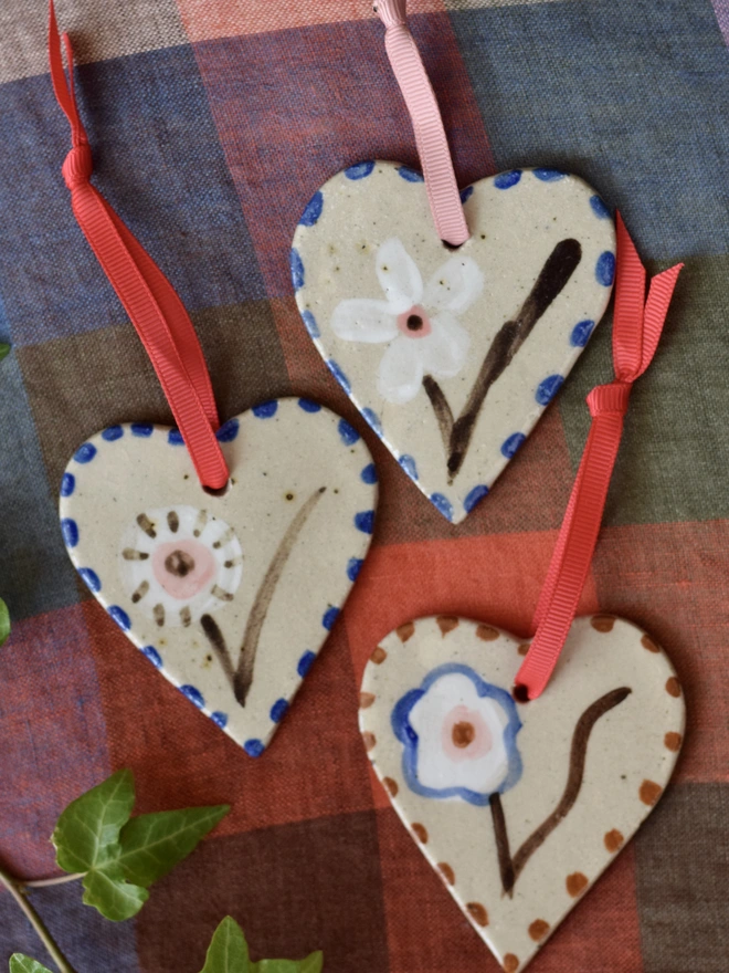 Set of Three Ceramic Christmas hearts folk style 