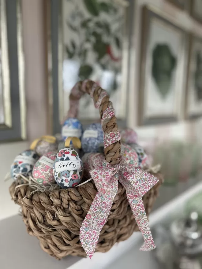 Personalised Liberty fabric decorative eggs in Easter basket