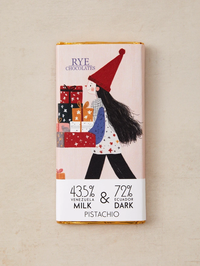 Festive Pistachio Chocolate Bar - blend of 43.5% Venezuelan milk & 72% Ecuadorian dark chocolate
