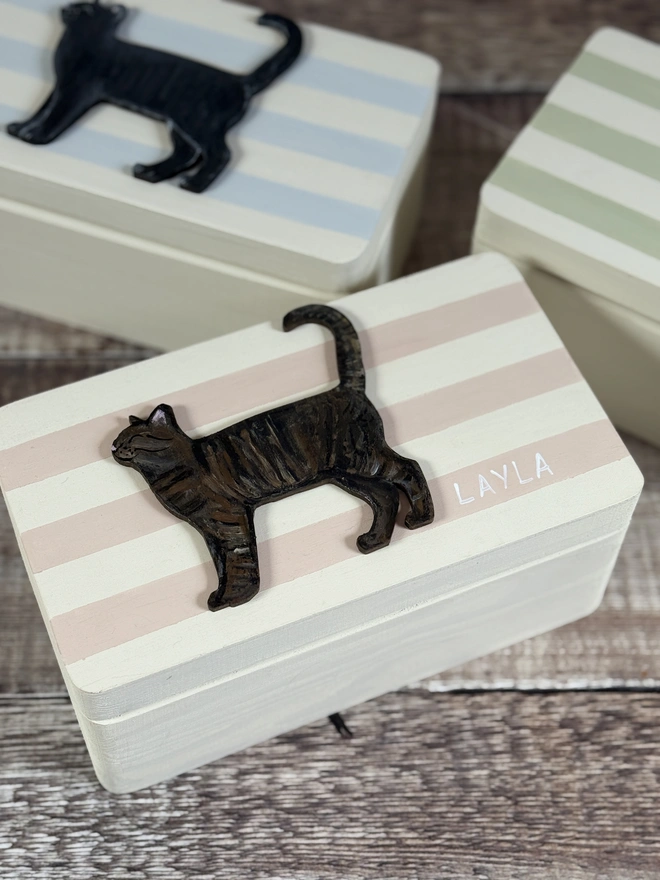 Pink and cream striped small wooden keepsake box with a hand - painted wooden tabby cat 