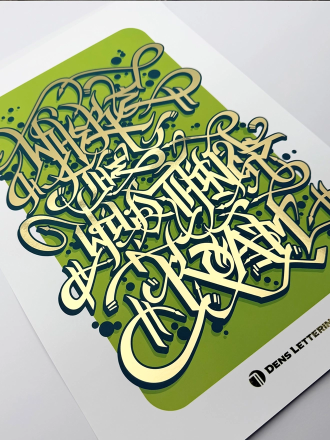 Green Graffiti Alphabet Metallic Gold Foil Print, against a white background. 