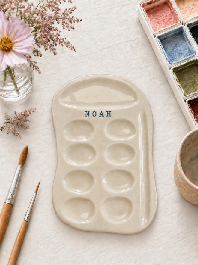 handmade personalised ceramic paint palette, jenny hopps pottery