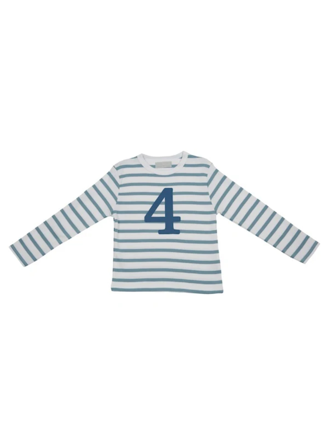 Ocean Blue & White Breton Striped Number 4 T Shirt