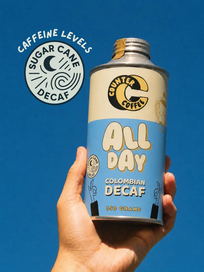 All Day Decaf. A tin of coffee from Counter Coffee.