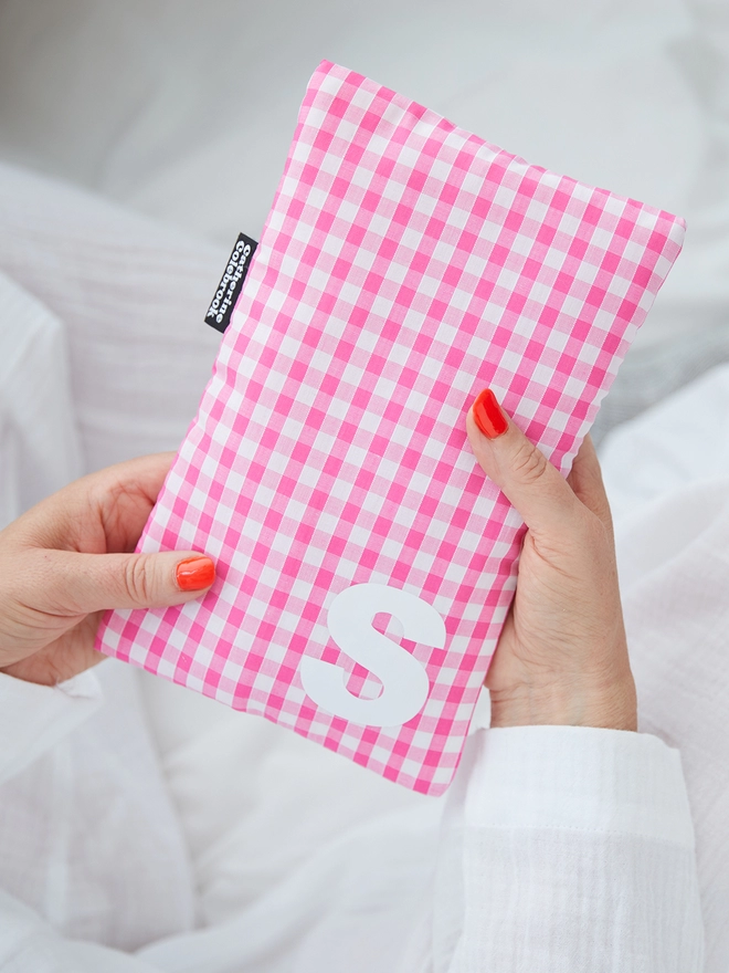 Pink gingham cute hot water bottle with white initial