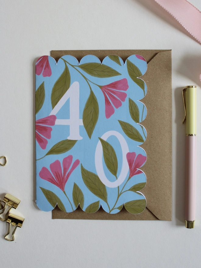 floral 40th birthday card with scalloped edge pink and blue