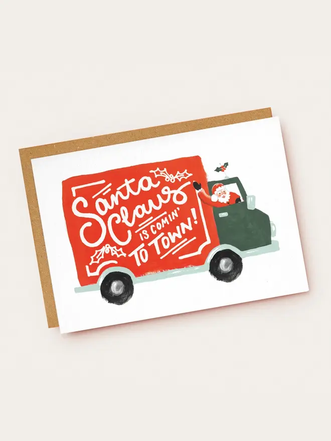 santa claus red van illustrated christmas card