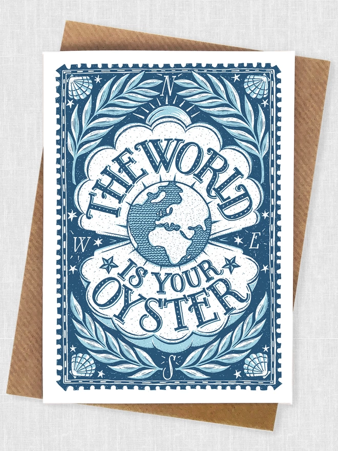 blue world is your oyster card on kraft brown envelope