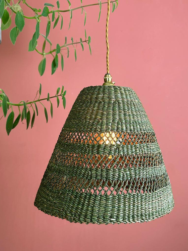 Ghanaian Handwoven Cone Lightshade 'Olive Green Crosshatch'