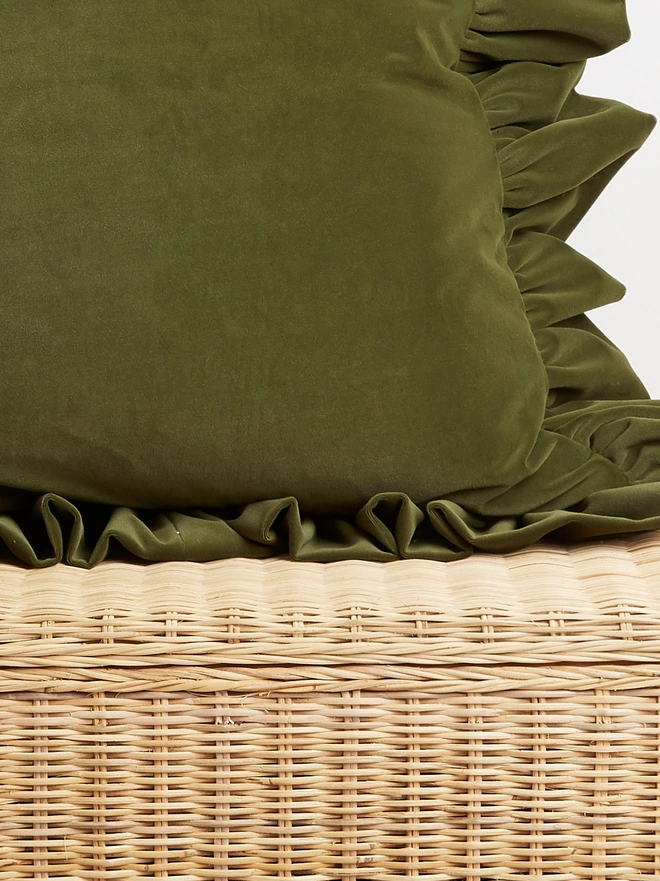 Kika Bespoke ruffled velvet cushion ruffle detail in pickle green.