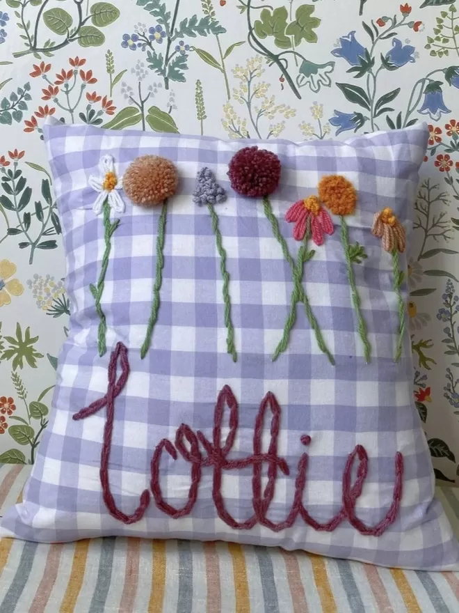 Gingham Lilac wild Flower Cushion kids decor embroidery 