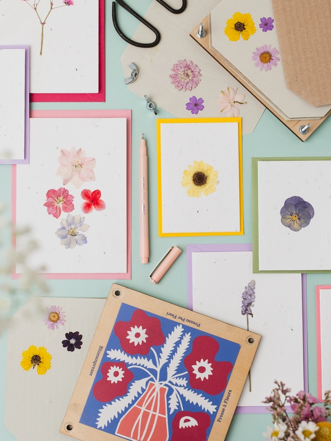 Lifestyle shot of various plantable notecards with pressed flowers