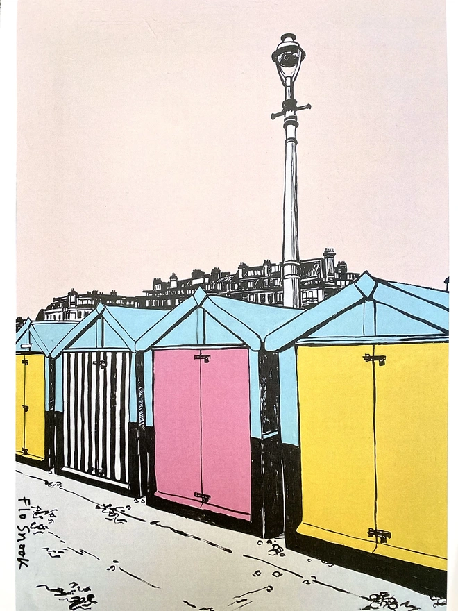 pink and yellow print of brighton hove beach huts