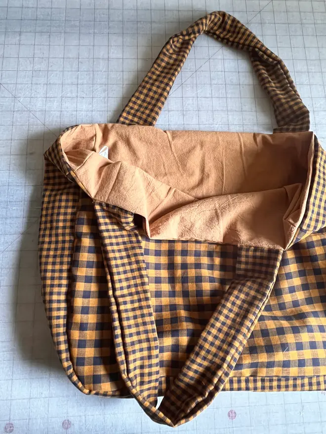 orange and black gingham tote bag