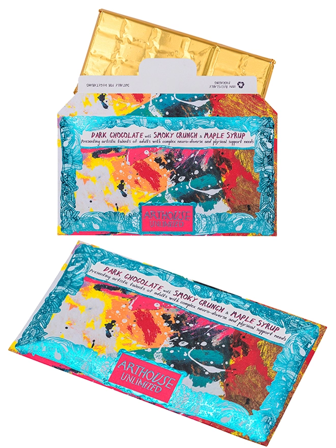 Charity dark chocolate with  smoky crunch & maple syrup packaged in foiled card & abstract painting 