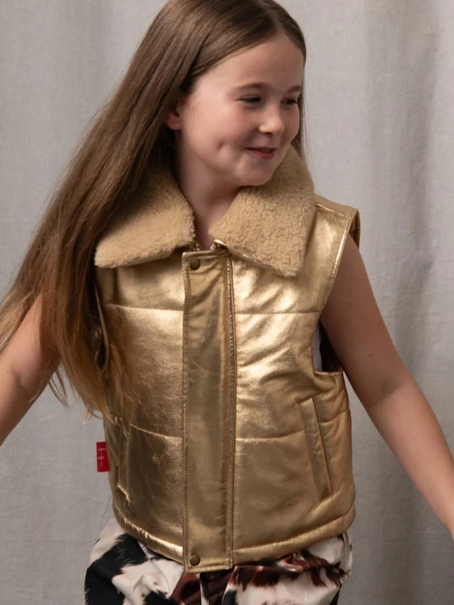Starlight Gold Padded Front Zip Leather Gilet