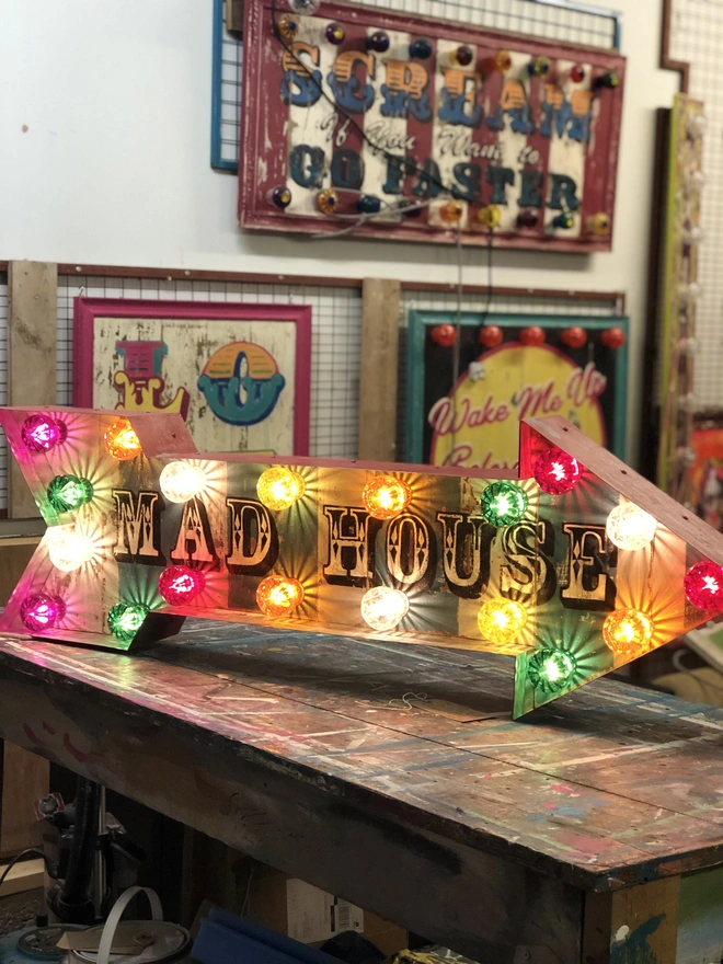  Mad House Light Up Sign  with coloured lights 
