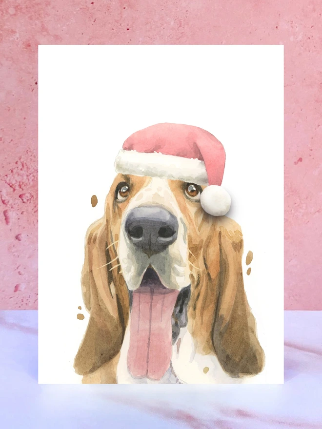 basset hound dog santa hat christmas card