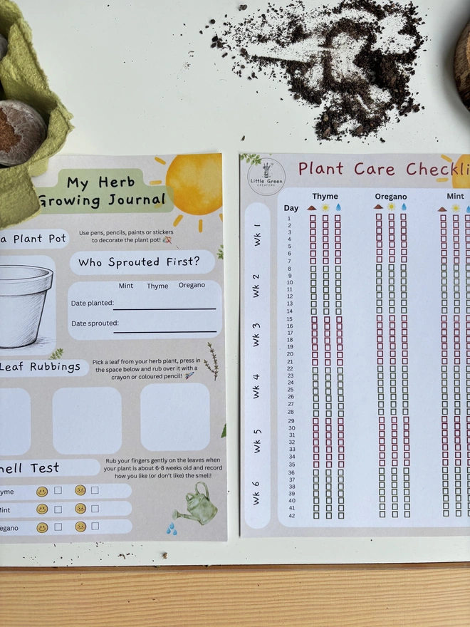 a plant care card checklist next to a grow journal placed on a white background. Spilled soil above it.