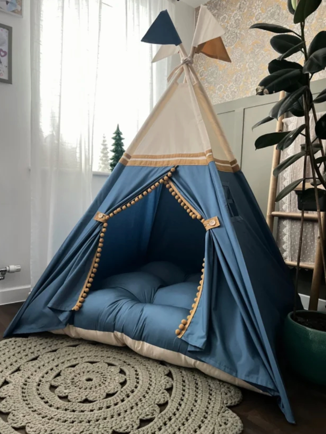 Personalised Cadet Blue Kids’ Teepee. A blue teepee with canvas accents.
