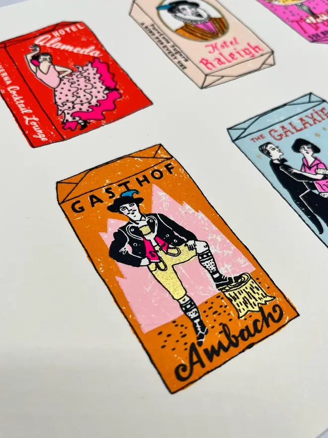 Sugar Cubes Screen Print The Sugar Babes, a white screenprint with colourful designs in the centre. 