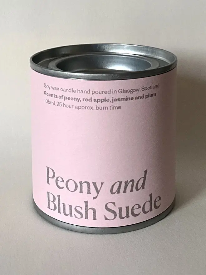 Peony and Blush Suede Soy Wax Candle Tin, against a white background. 