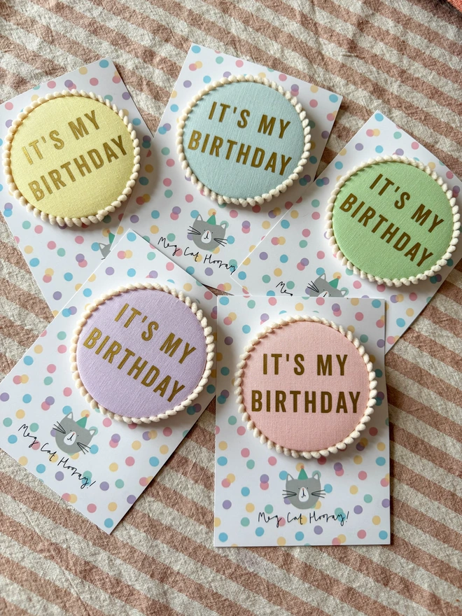 Pastel colour Pink, Green, Yellow, blue and lilac It's My Birthday Badges with pom pom trim