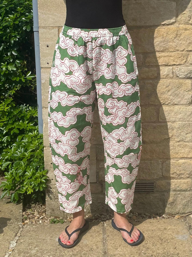 Organic Cotton & Linen Green Clouds Balloon Trousers