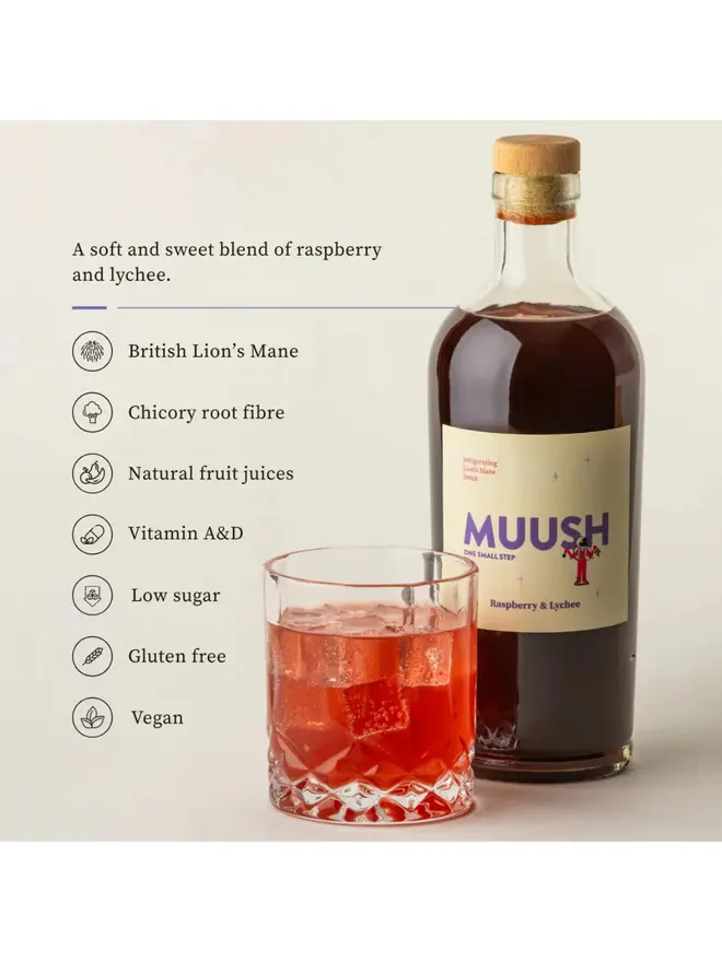 Raspberry & Lychee Elixir, an infographic detailing the contents and benefits of the drink. 