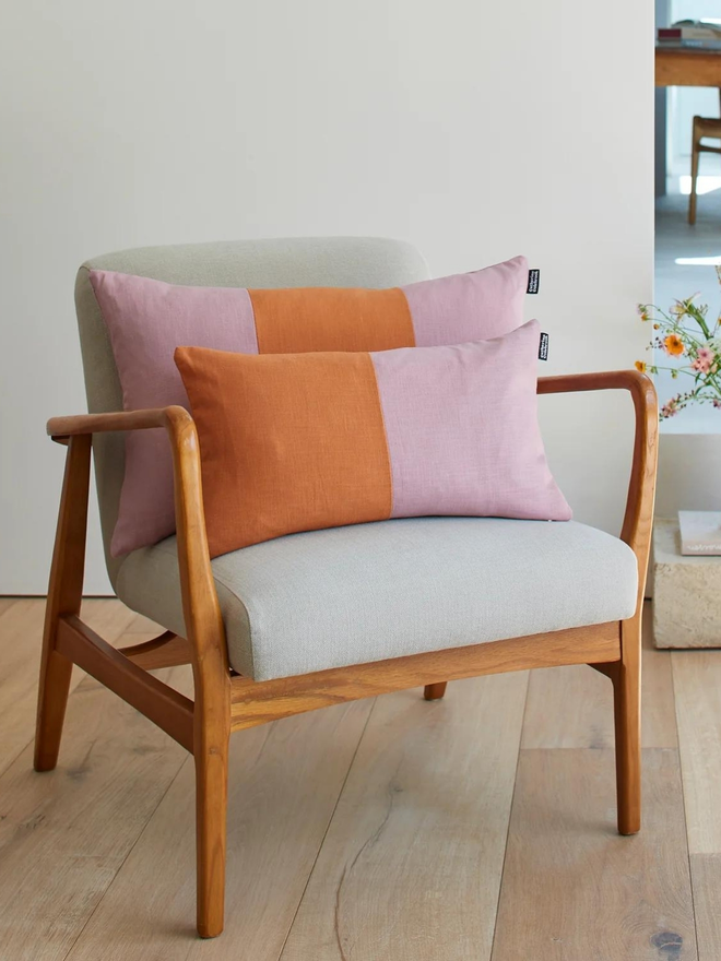 Colour Block Linen Cushion – Dusky/Ginger