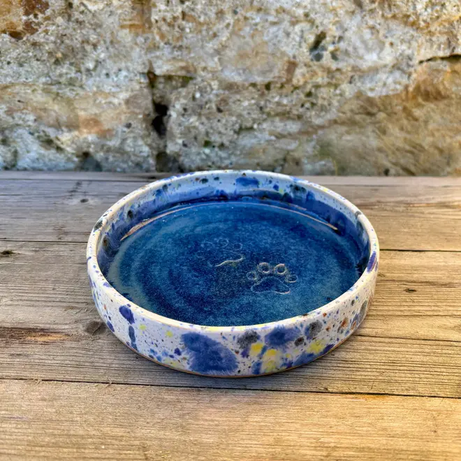 Shoreline Cat Bowl, a colourful cat bowl placed on a wooden surface against a brick backdrop. 