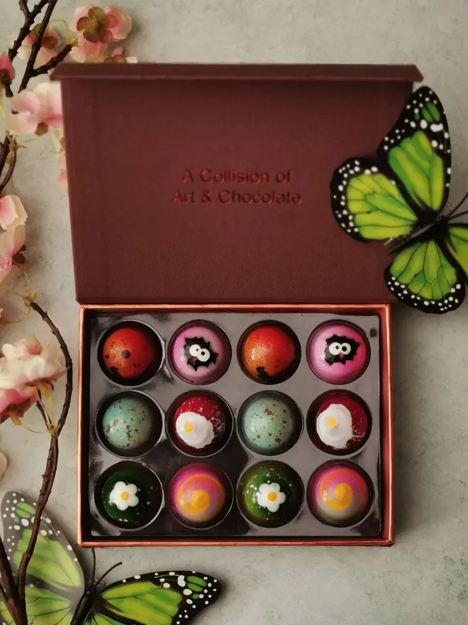 box of colourful easter-themed chocolate bon bons