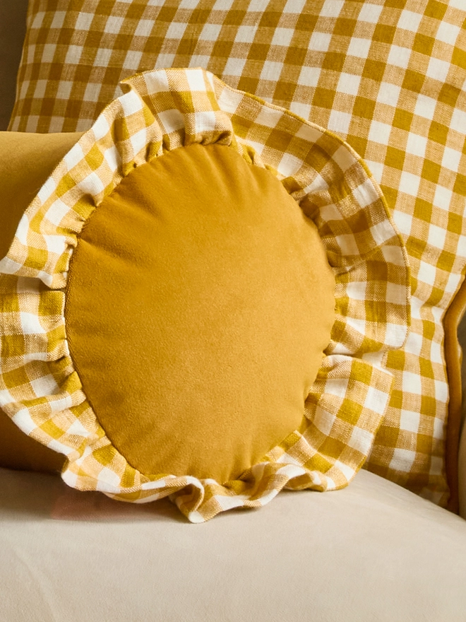 Kika Bespoke handmade mustard velvet and gingham cotton linen ruffled bolster 50x20cm