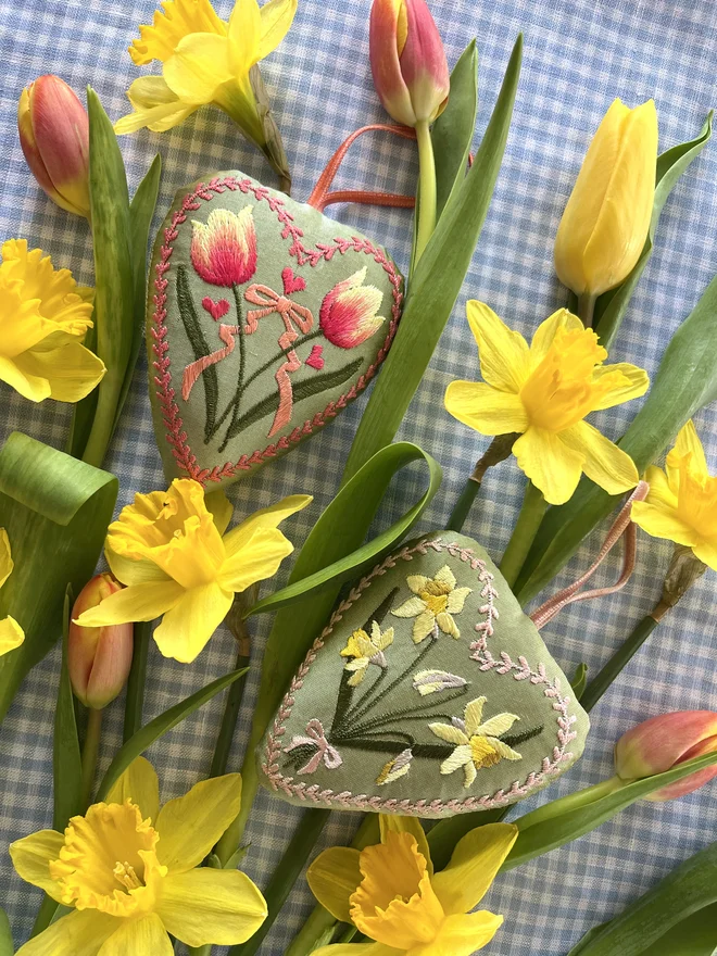 tulip daffodil silk embroidered heart ornaments pink peach green yellow orange thread, green silk, velvet ribbon stuffed ornament decoration